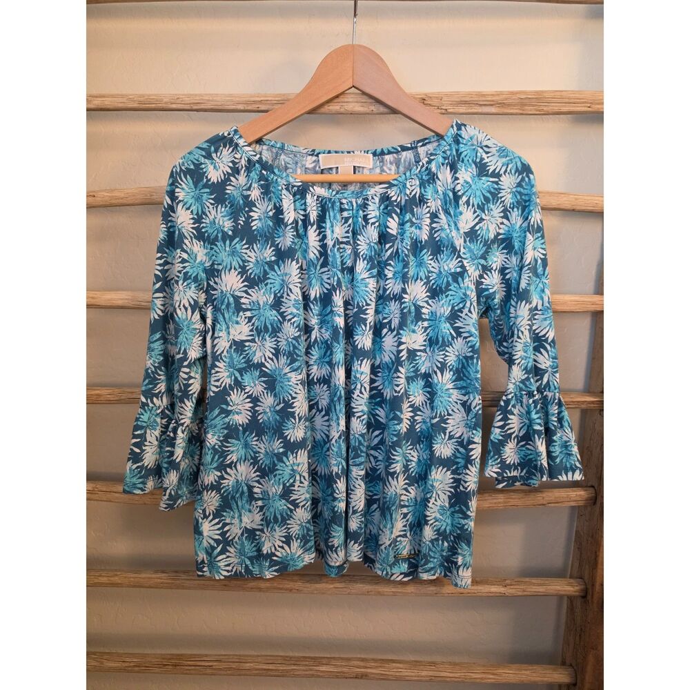 Michael Michael Kors Blue Floral Bell Sleeve Top S Cotton Modal Boho